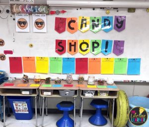 candy shop classroom transformation posters on board