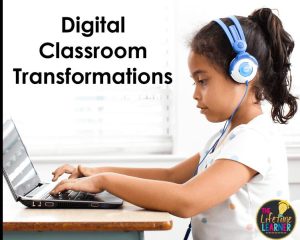 Girl with computer with digital classroom transformations in text