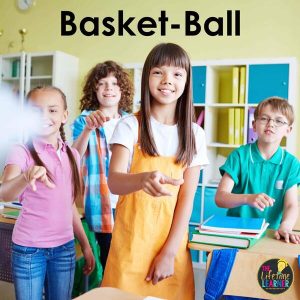 group of kids throwing paper in a classroom to show how to play basket-ball