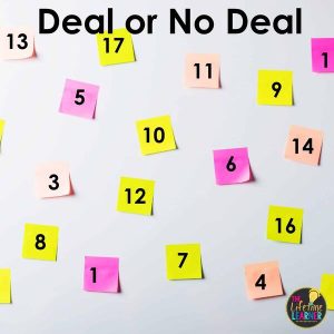 post-it notes on a whiteboard that are numbered and the text says deal or no deal as an example of classroom review games