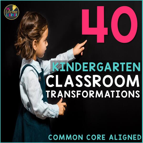 kid pointing to words that say 40 Kindergarten Classroom Transformations Common Core Aligned