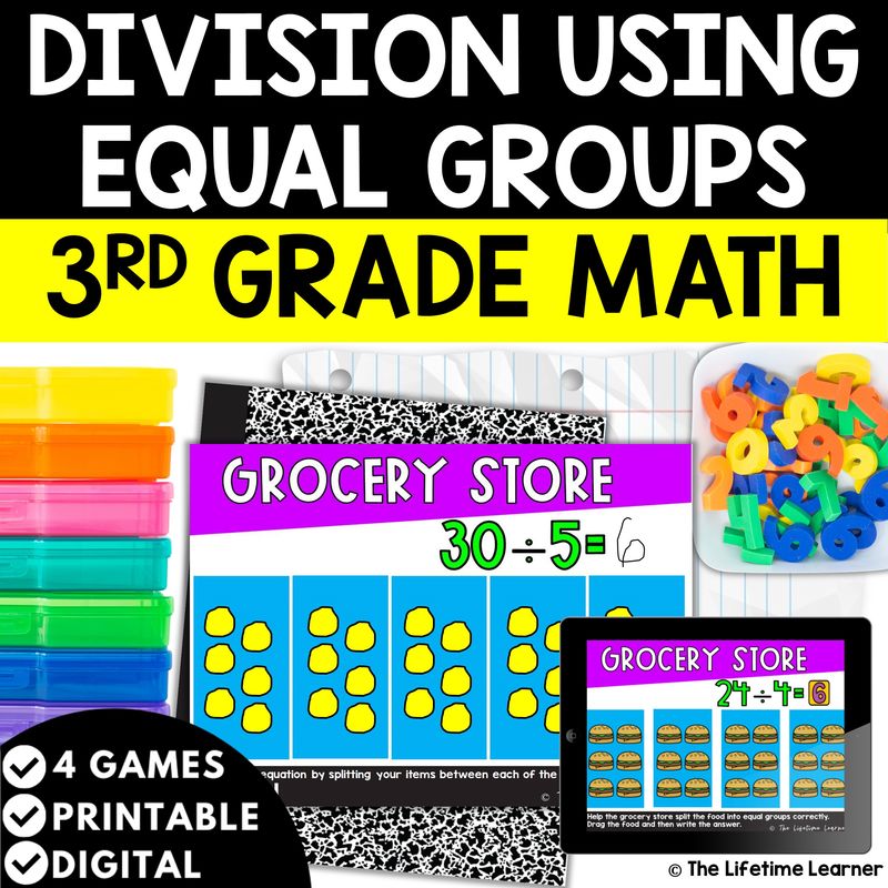 Division Using Equal Groups 3rd Grade Math Task Cards