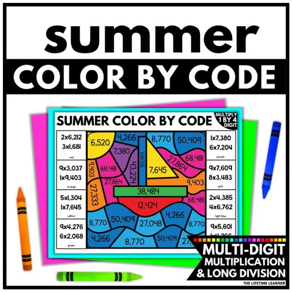 Summer Color by Code Multi-Digit Multiplication and Long Division Worksheets