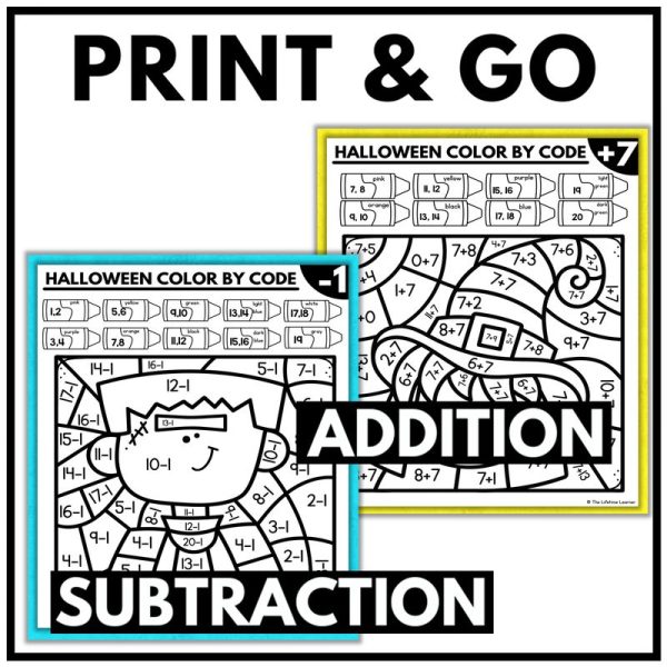 Halloween Color by Code Add and Subtract Facts Worksheets - Image 2