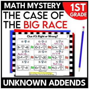 1st Grade Race Car Math Mystery Missing Addends to 20